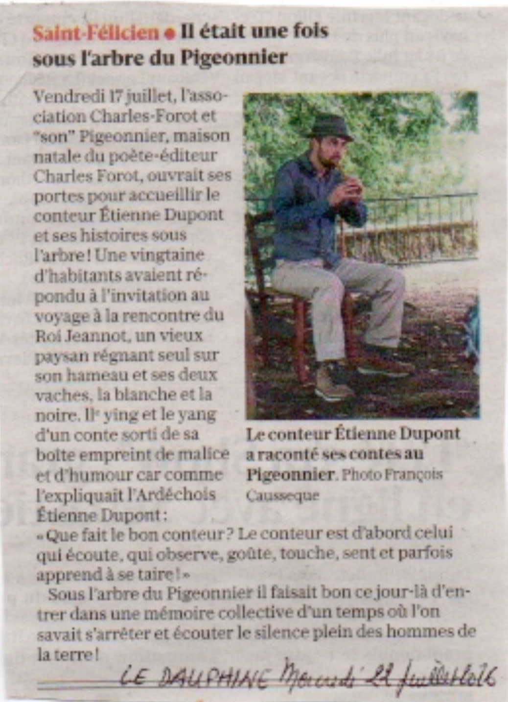 Il était une fois... sous l'arbre du Pigeonnier. Article du Dauphiné, daté du 22 Juillet 2026 Article du Dauphiné, du 1er Juillet 2026